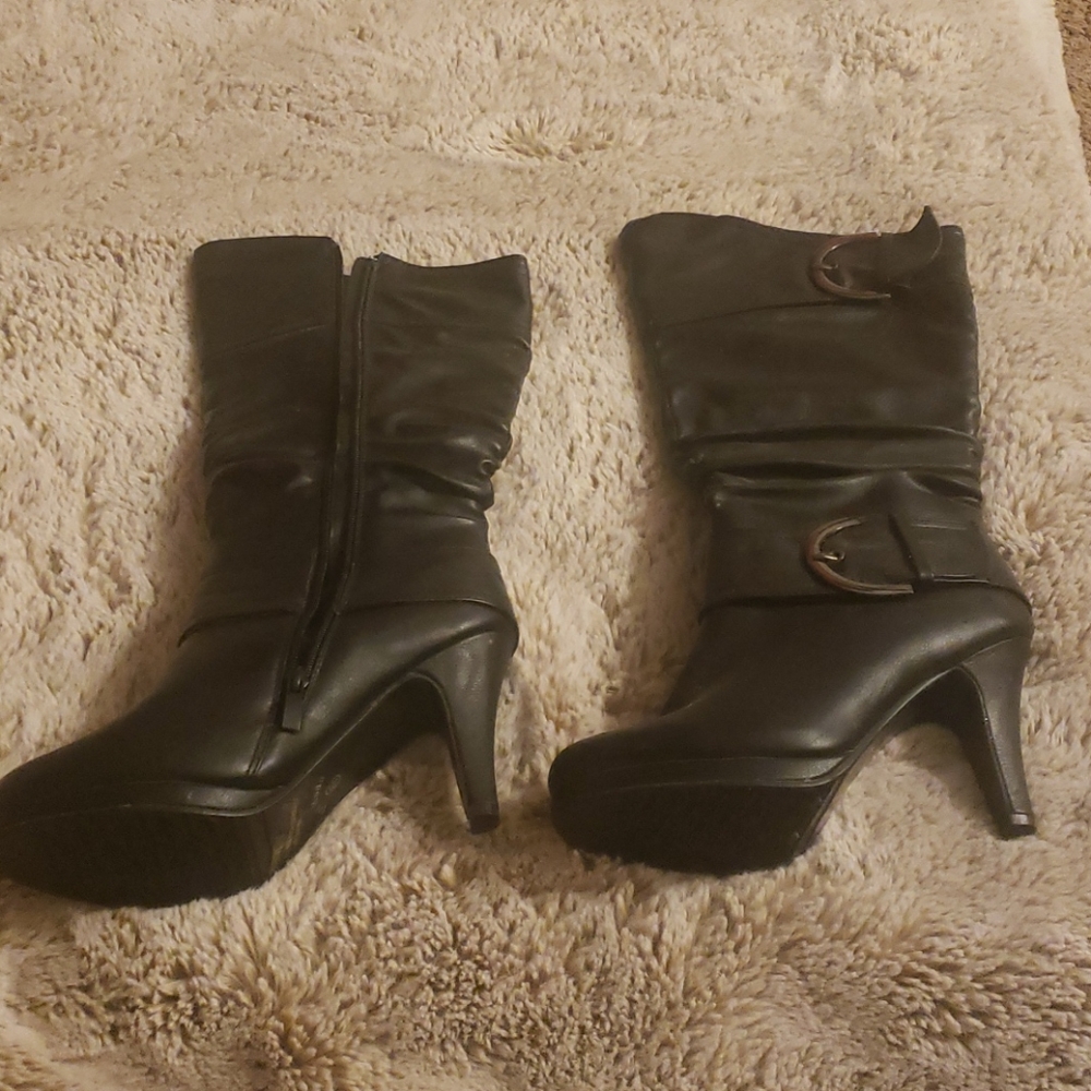Black Top Moda Calf High Boots with Buckle Details